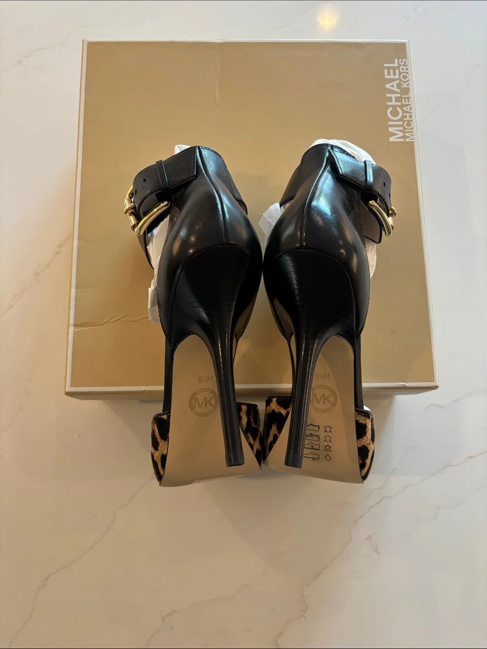 Michael Kors Leopard Print Pointed Toe Ankle-Strap Heels in Natural